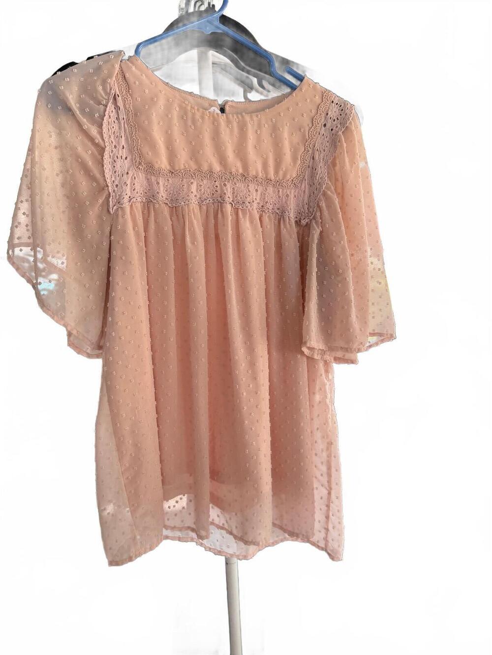 Medium Pink Sheer Dot Sleeve Top with Lace Detail